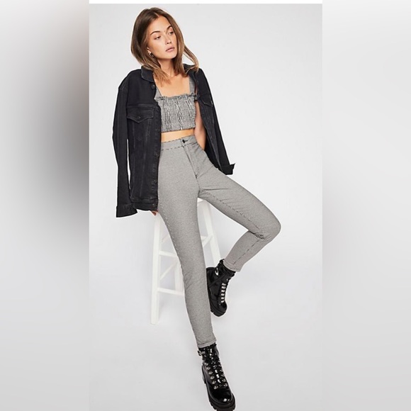 Free People Smocked Crop Top Tank Black White Gingham Plaid Print - Picture 3 of 5